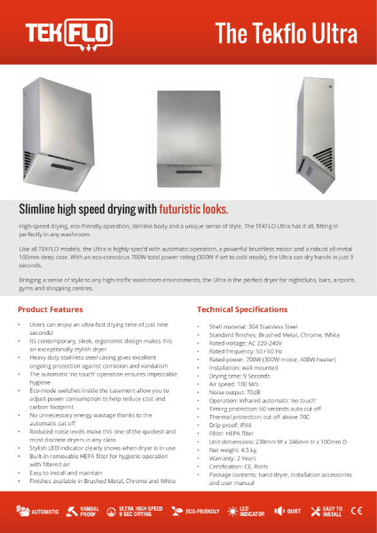 Tekflo Ultra Hand Dryer - Technical Specifications