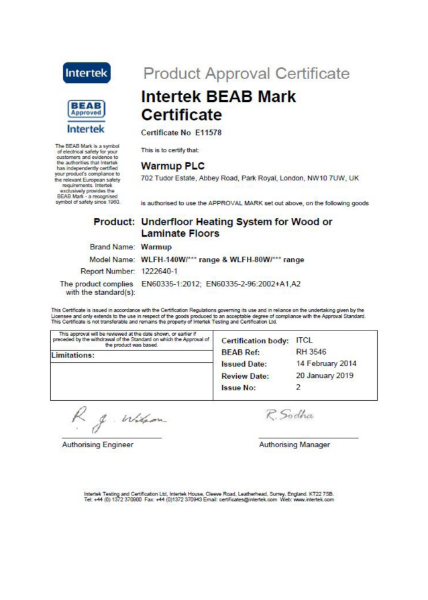 Intertek BEAB Mark Certificate (Underfloor Heating System for Wood or Laminate Floors)