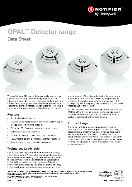 Notifier OPAL Range of Analogue Addressable Smoke, Heat and Multi Sensors