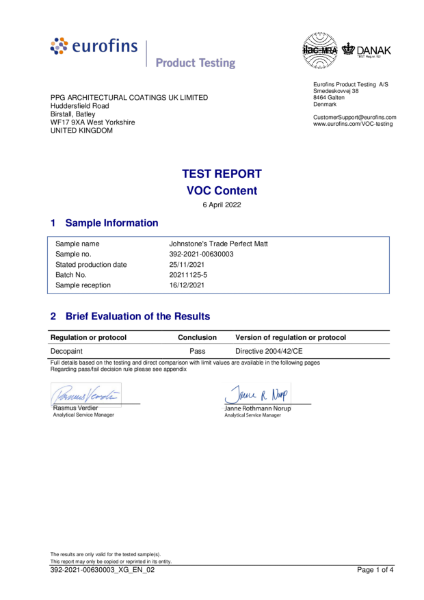 Eurofins Johnstone's Perfect Matt VOC Content