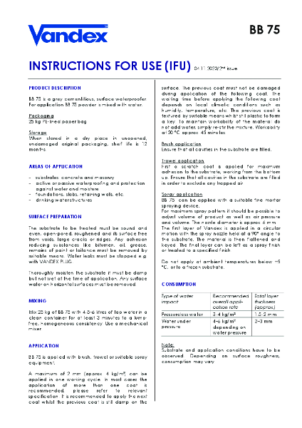 VANDEX BB 75 - Instructions for use