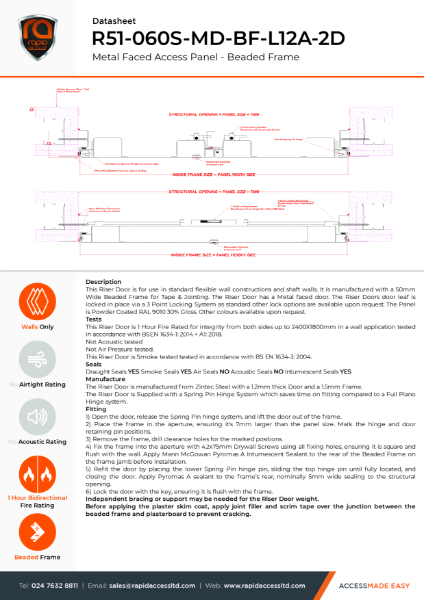 Datasheet - Metal Faced Riser Door Beaded Frame 1 Hour Fire Rated Smoke Tested Double Door - R51-060S-MD-BF-L12A-2D