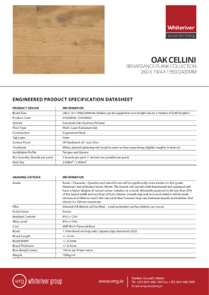 260 x 19 x 1950 & 2400mm Renaissance Oak Cellini Plank Spec Sheet