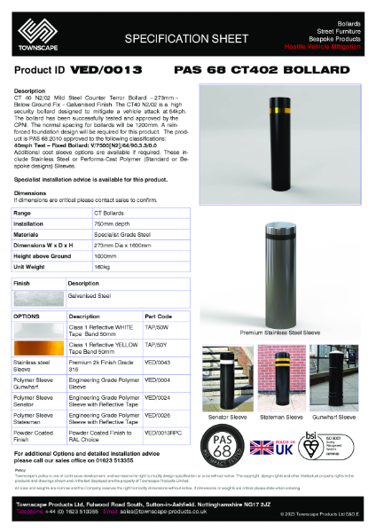 PAS 68 Bollard CT40 N2/02 Specification sheet VED0013