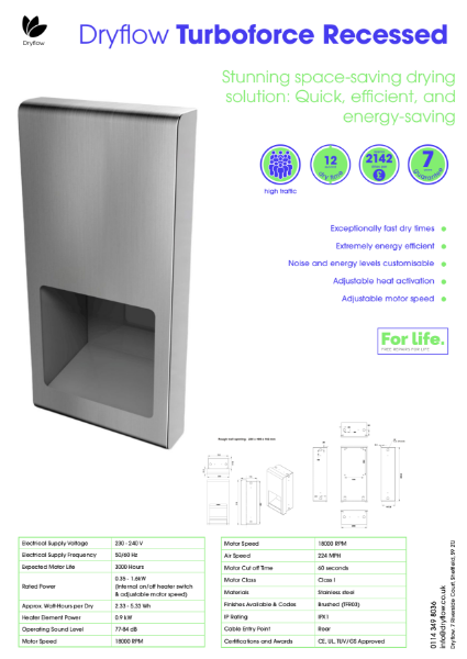 Hand Dryer Spec Sheet - Dryflow® Turboforce Recessed Hand Dryer