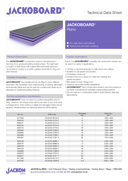 JACKOBOARD® Plano Construction Boards Technical Data Sheet