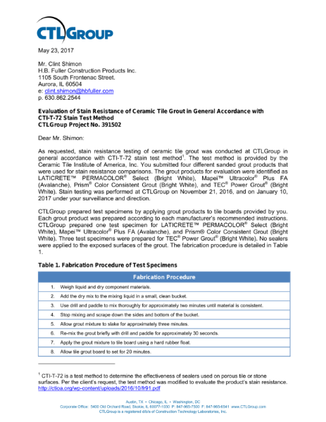 Power Grout Stain Test Report