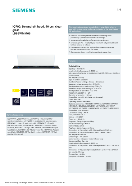 iQ700, Downdraft Hood, 90 cm, Clear Glass LD98WMM66