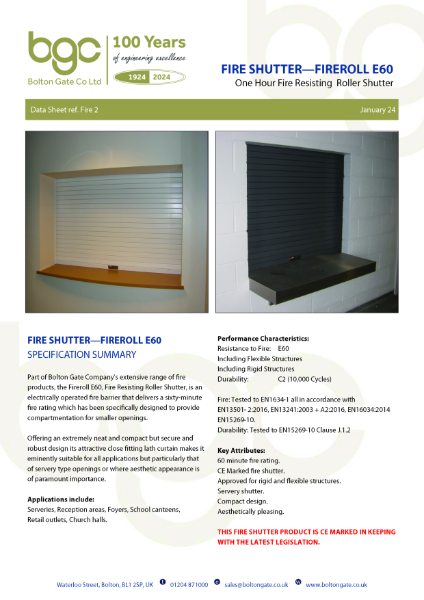 Fire Shutter - Fireroll E60 - One Hour Fire Resisting Roller Shutter