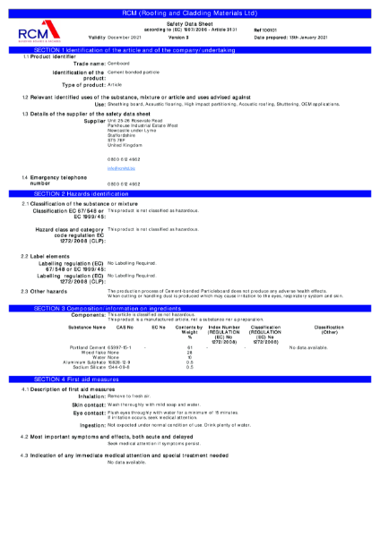 Cemboard Material Safety Data Sheet