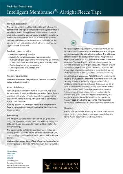 Intelligent Membranes Airtight Fleece Tape Technical Data Sheet