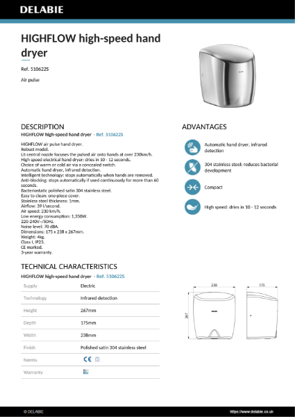 Highflow Hand Dryer - Polished Satin Product Data Sheet