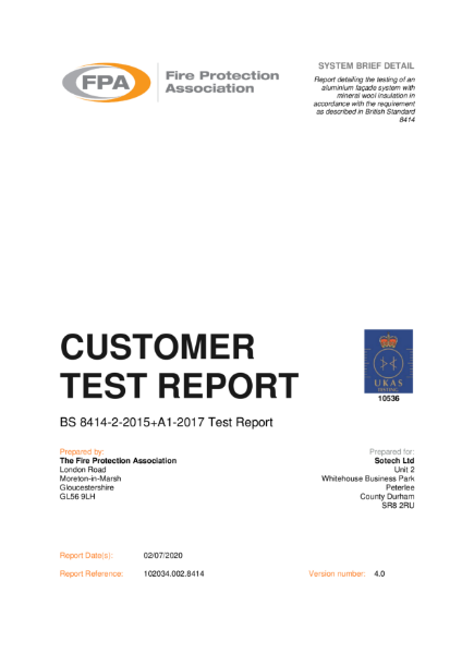 FPA Test Report BS8414-2-2015+A1-2017 for Optima TFC+, 3mm Ali PPC