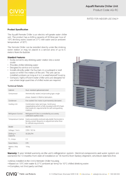 Aquafil Remote Chiller Unit Specification