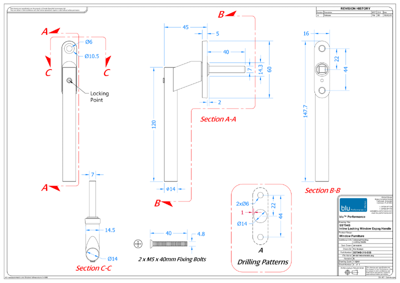 BLU™ - SST94 Inline Window Espagnolette Handle CAD