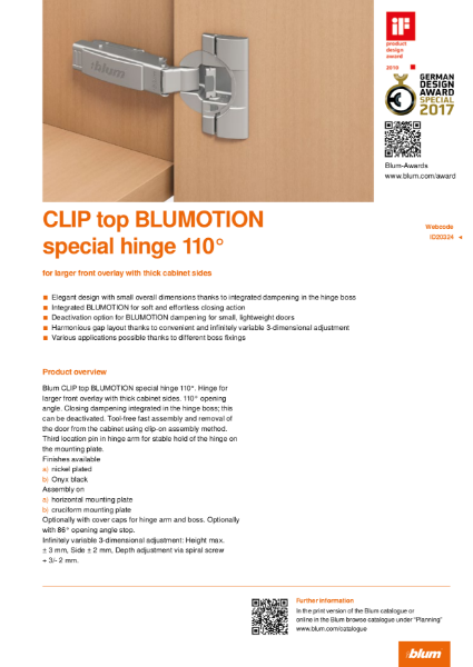 CLIP top BLUMOTION Special Application 110 Degree Hinge Specification Text