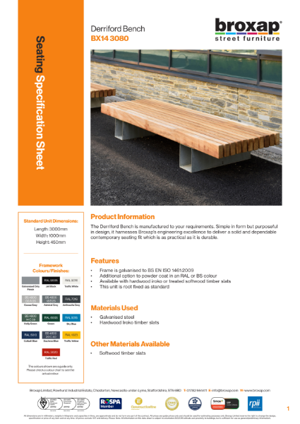 Derriford Bench Specification Sheet