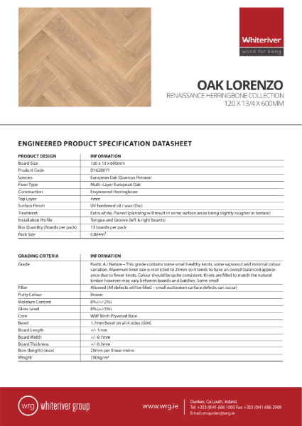 120 x 13 x 600mm Renaissance Oak Lorenzo Herringbone Spec Sheet