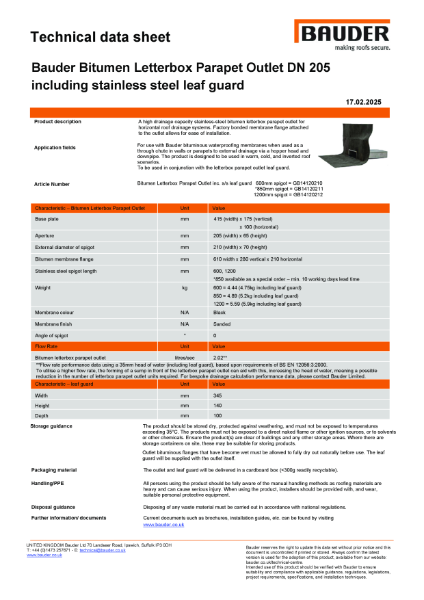 Bauder Bitumen Letterbox Parapet Outlet DN 205 including ss leaf guard
