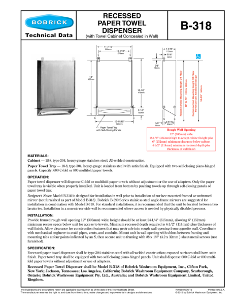 Recessed Paper Towel Dispenser (with Towel Cabinet Concealed in Wall) - B318