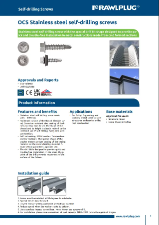Rawlplug® OCS Stainless steel self-drilling screws - Technical Data Sheet