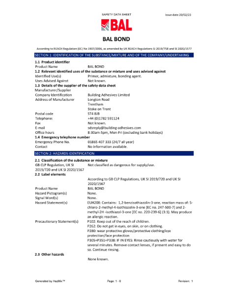 BAL Bond SBR Material Safety Datasheet