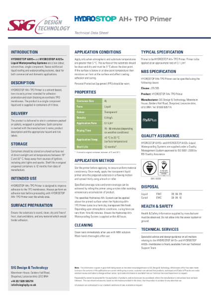 Hydrostop AH+ Liquid Waterproofing TPO Primer datasheet