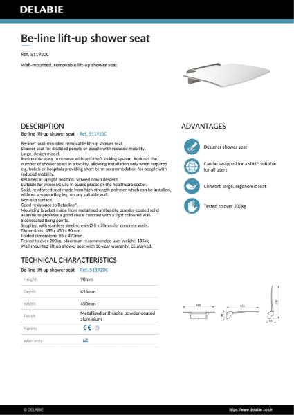 Be-Line® Shower Seat - Metallised Anthracite Product Data Sheet