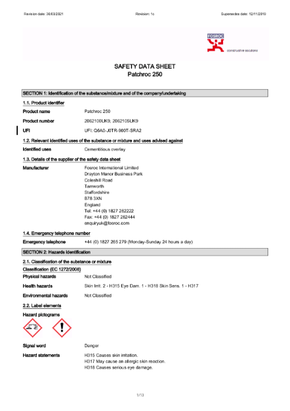 Fosroc Patchroc 250 safety data sheet