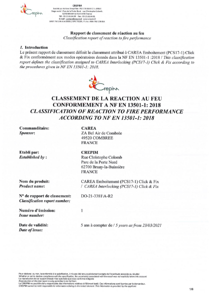 Classification of Reaction to Fire Performance in Accordance to NF EN 13501-1 (ALPHA / AQUILA - CWoB)