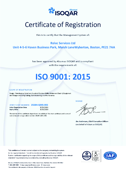 Unit 4-5-6 Haven Business Park - ISO 9001: 2015 Certificate of Registration