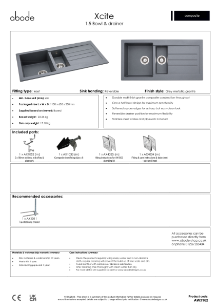 AW3162. Xcite Granite Inset Sink, 1.5 Bowl (Frost White) -  Consumer Spec