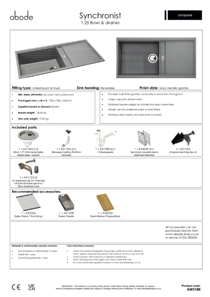Synchronist Sink Large. 1.25 Bowl with Drainer. Matt Black. Specification Sheet.