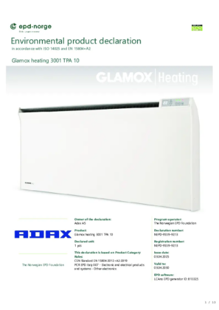 NEPD-9559-9213 Glamox heating 3001 TPA 10.pdf | Adax AS | NBS Source