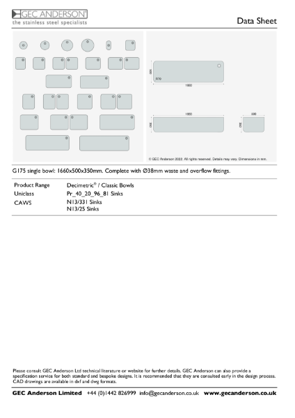 GEC Anderson Data Sheet - G175 Single Bowl
