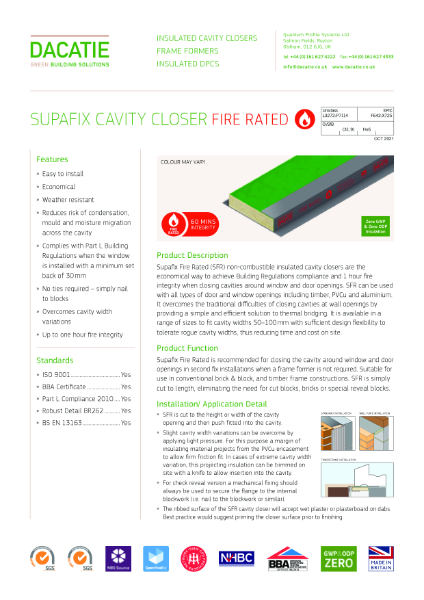 Dacatie - Fire Rated Cavity Closer Cavity Barrier1 hour fire Integrity Supafix FR - 50 to 100mm Cavities - Datasheet