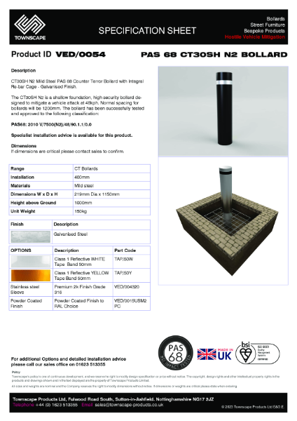 PAS 68 Bollard Specification Sheet CT30SH N2 VED0054