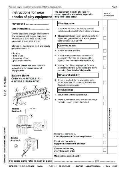 Timberplay Balancing Equipment - Balance Blocks - Maintenance Instructions