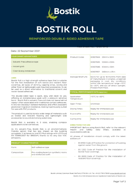 Bostik Roll Double Sided Tape - Technical Data Sheet