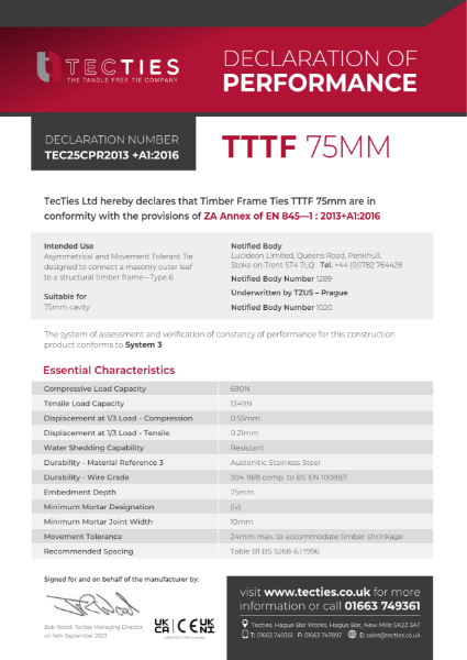 Timber Frame Ties TTTF 75mm - DoP