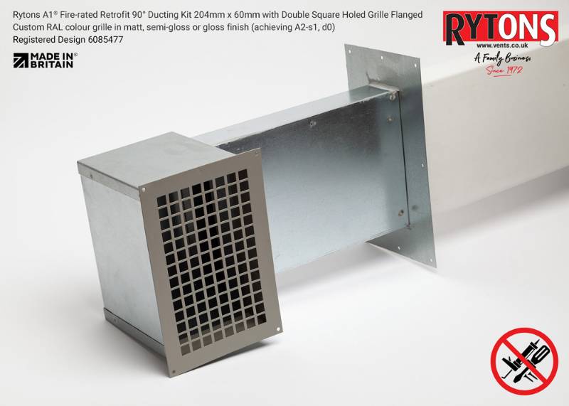 Rytons A1 Fire-rated Retrofit 90° Ducting Kit 204mm x 60mm with Double Air Brick