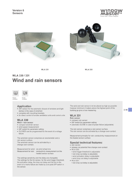 WLA 330 Wind and Rain Sensors – Product Data Sheet