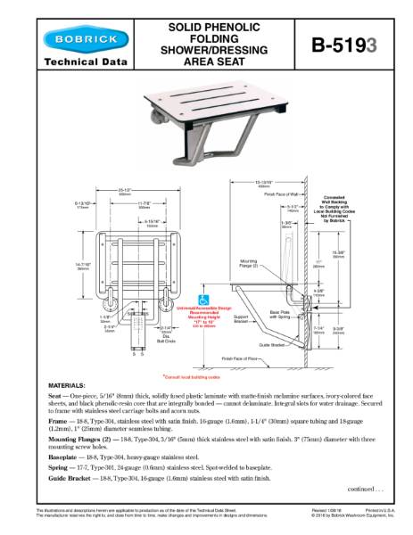 Solid Phenolic Folding Shower/Dressing Area Seat - B-5193