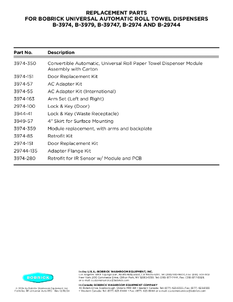 Replacement Parts for Bobrick Universal Automatic Roll Towel Dispensers - B-3974, B-39747, B-3979, B-2974 and B-29744