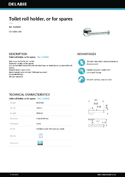 Wall-mounted toilet roll holder 510083S data sheet