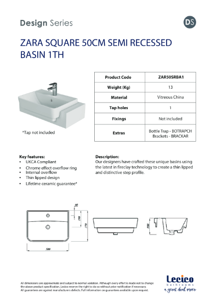 ZARA SQUARE 50CM SEMI RECESSED BASIN 1TH