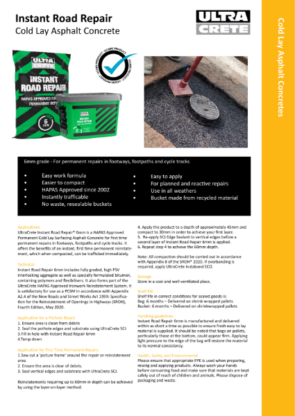 Instant road repair 6mm Technical Datasheet