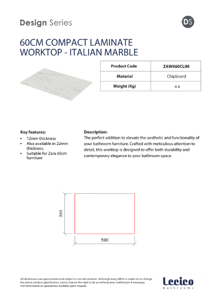 Zara 60 cm Width 12 mm Compact Laminate Worktop - Italian Marble