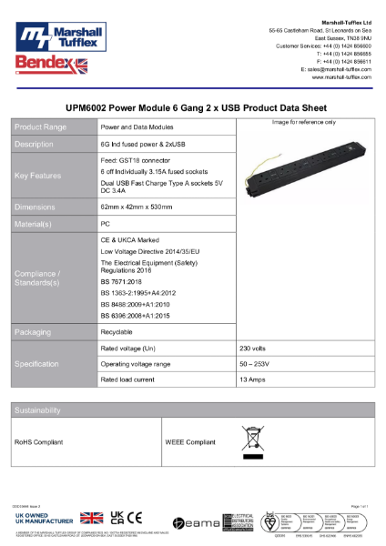 UPM6002 Power Module 6 Gang 2 x USB Product Data Sheet