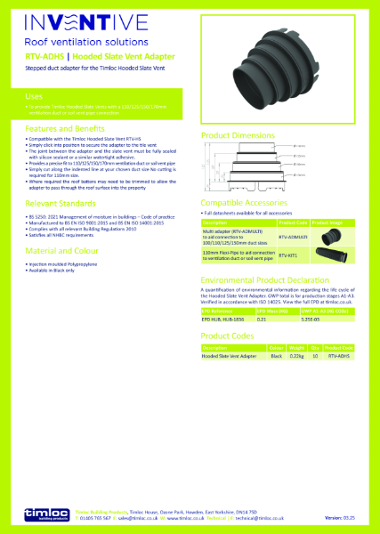 Hooded Slate Vent Adapter Datasheet